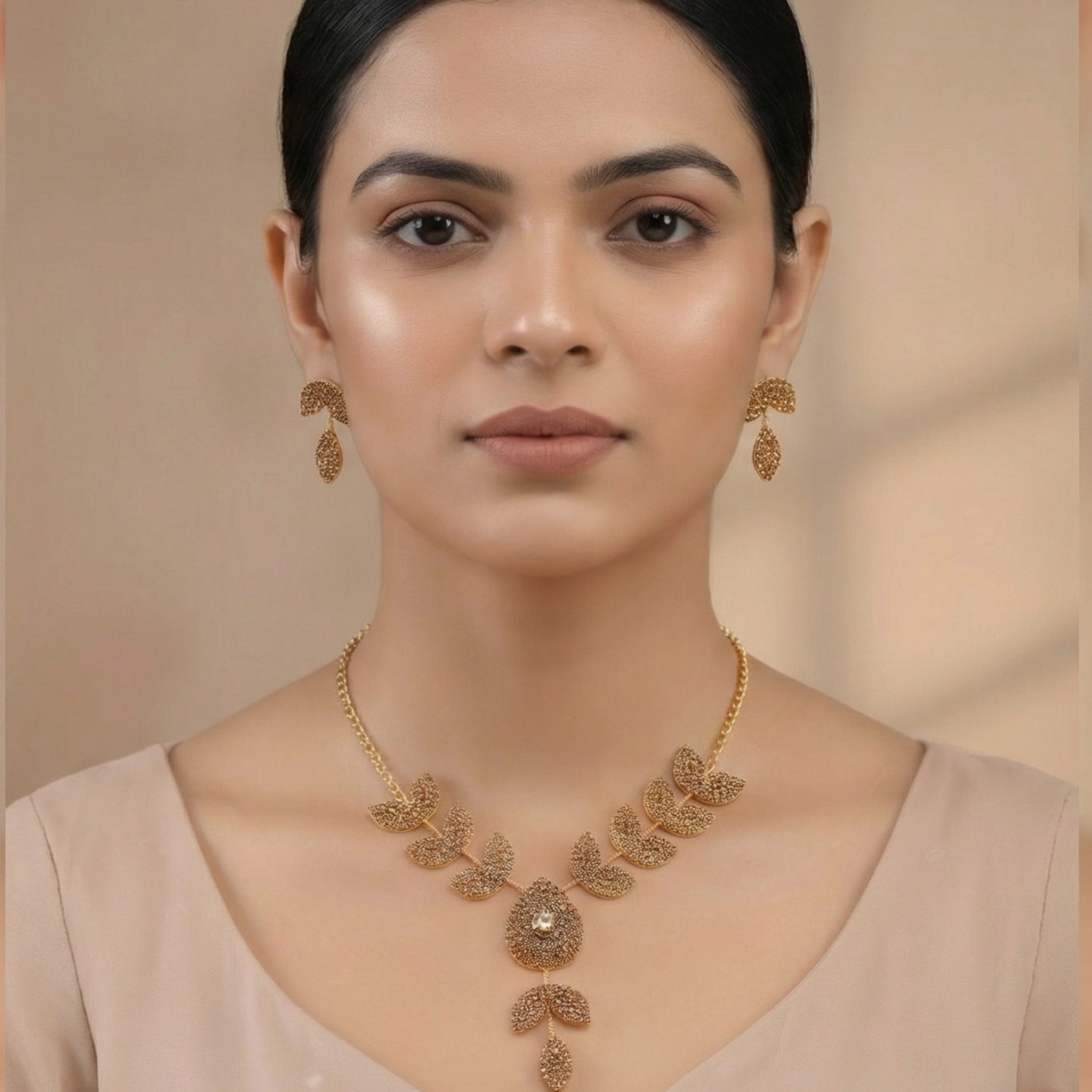 Golden Leaf & Crystal Drop Statement Set