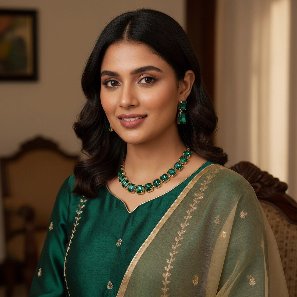 Royal Emerald Necklace Set with Matching Earrings