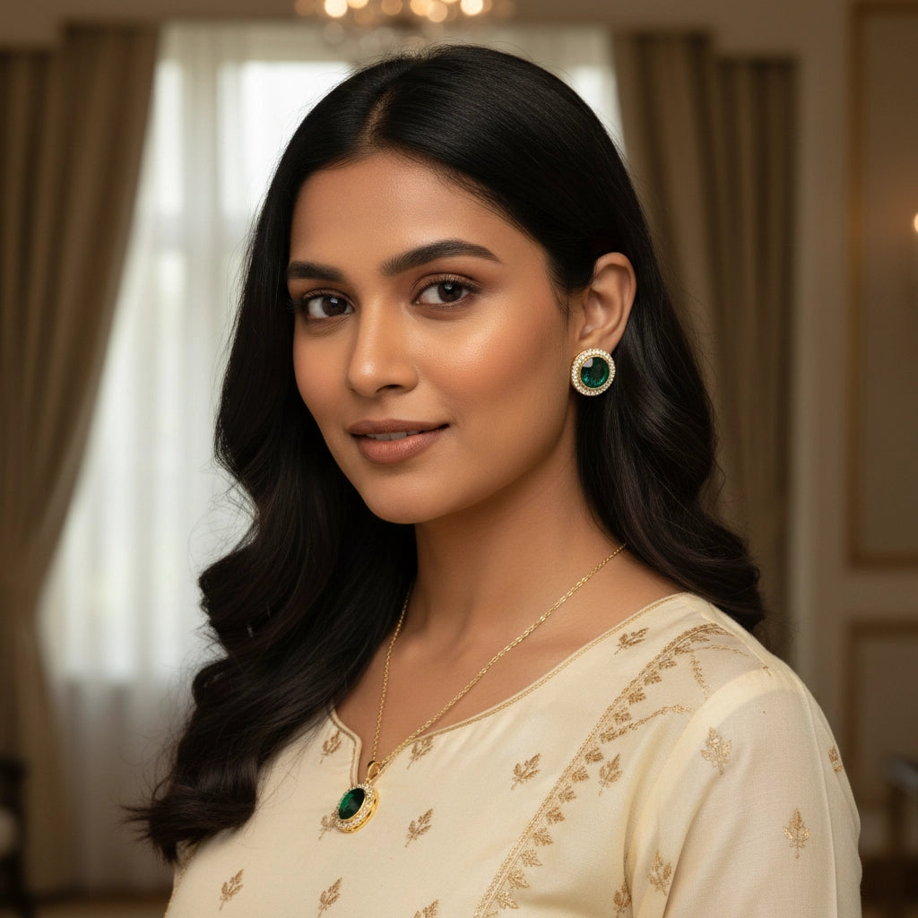 The Emerald Halo Pendant Set (Necklace + Earrings)